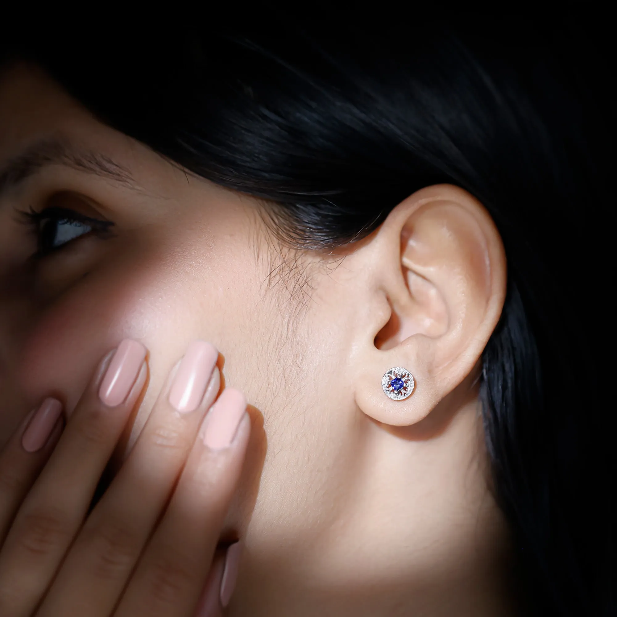 0.25 CT Antique Blue Sapphire and Diamond Beaded Stud Earrings