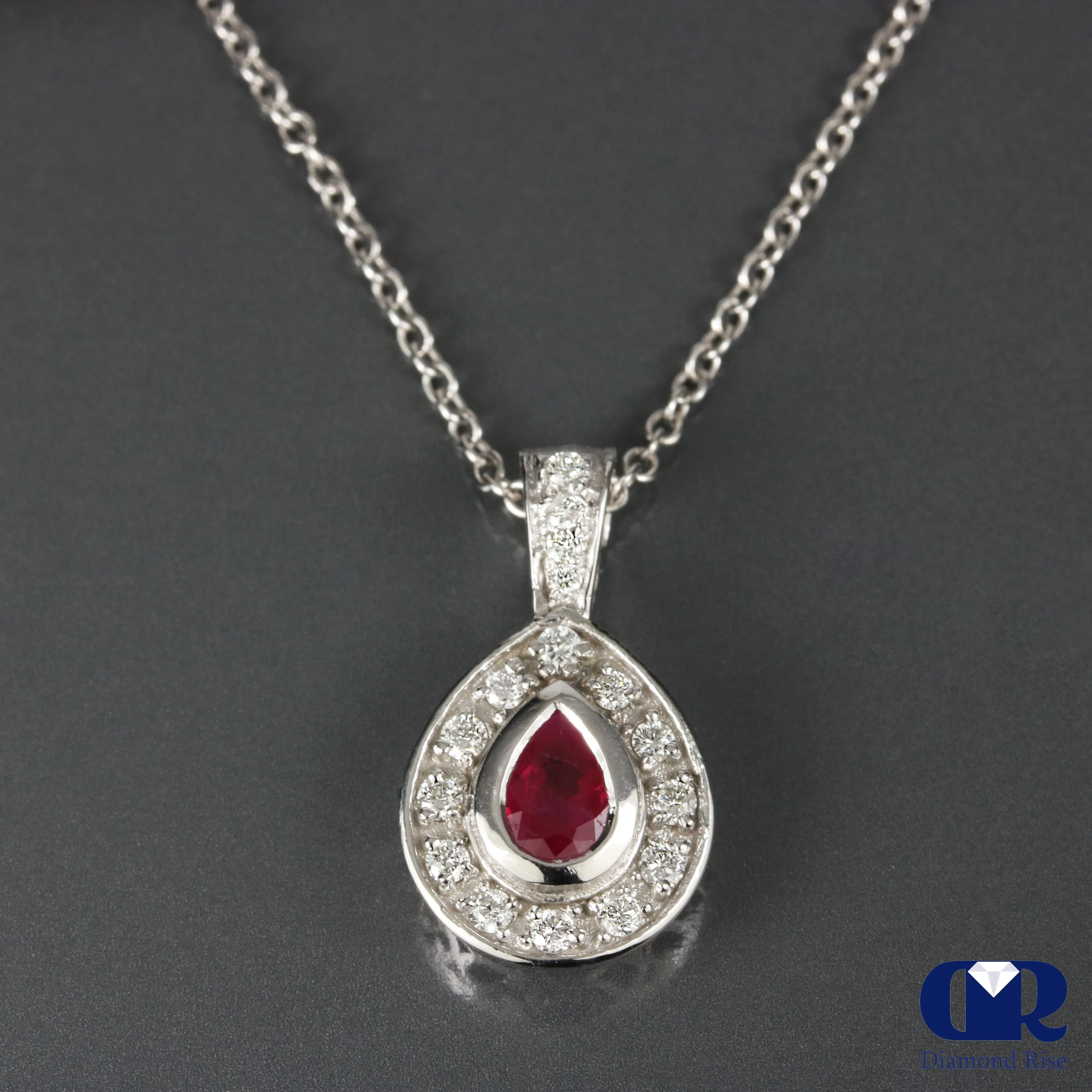 0.96 Carat Ruby & Diamond Pendant Necklace 14K White Gold W/Chain