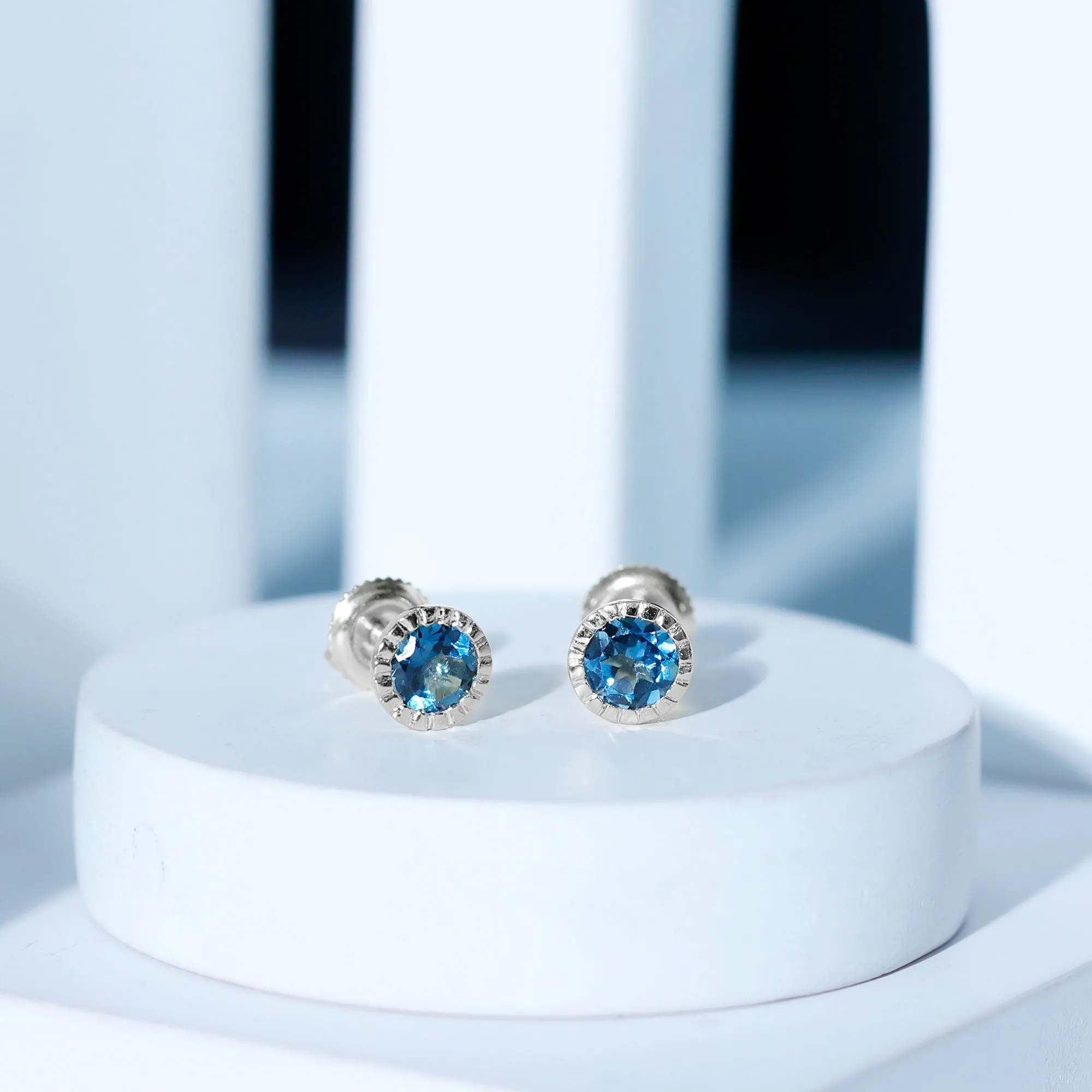 1.25 CT Bezel Set Real London Blue Topaz Solitaire Stud Earrings