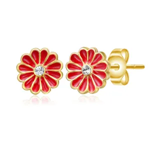 14k Gold Plated Clear Cubic Zirconia & Red Enamel Flower Stud Earrings