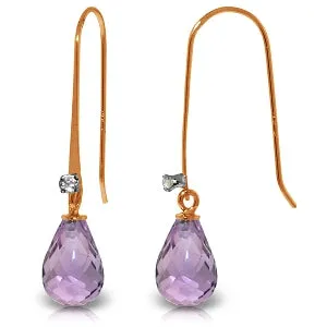 14K Solid Rose Gold Fish Hook Diamond & Amethyst Earrings Gemstone