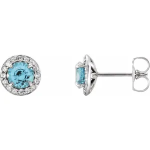 14K White 4 mm Natural Blue Zircon & 1/10 CTW Natural Diamond Earrings