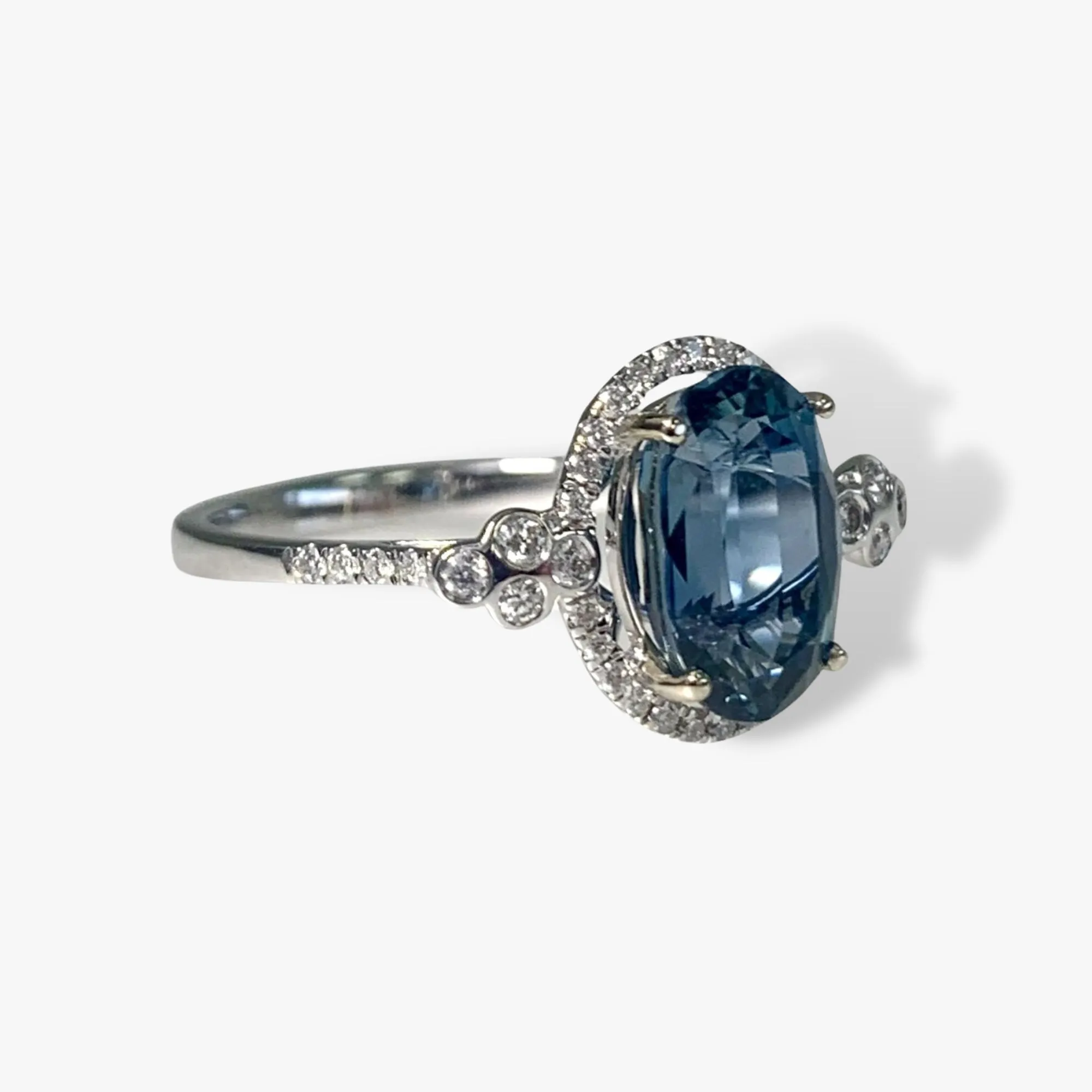 14k White Gold Oval Cut Blue Sapphire and Diamond Ring