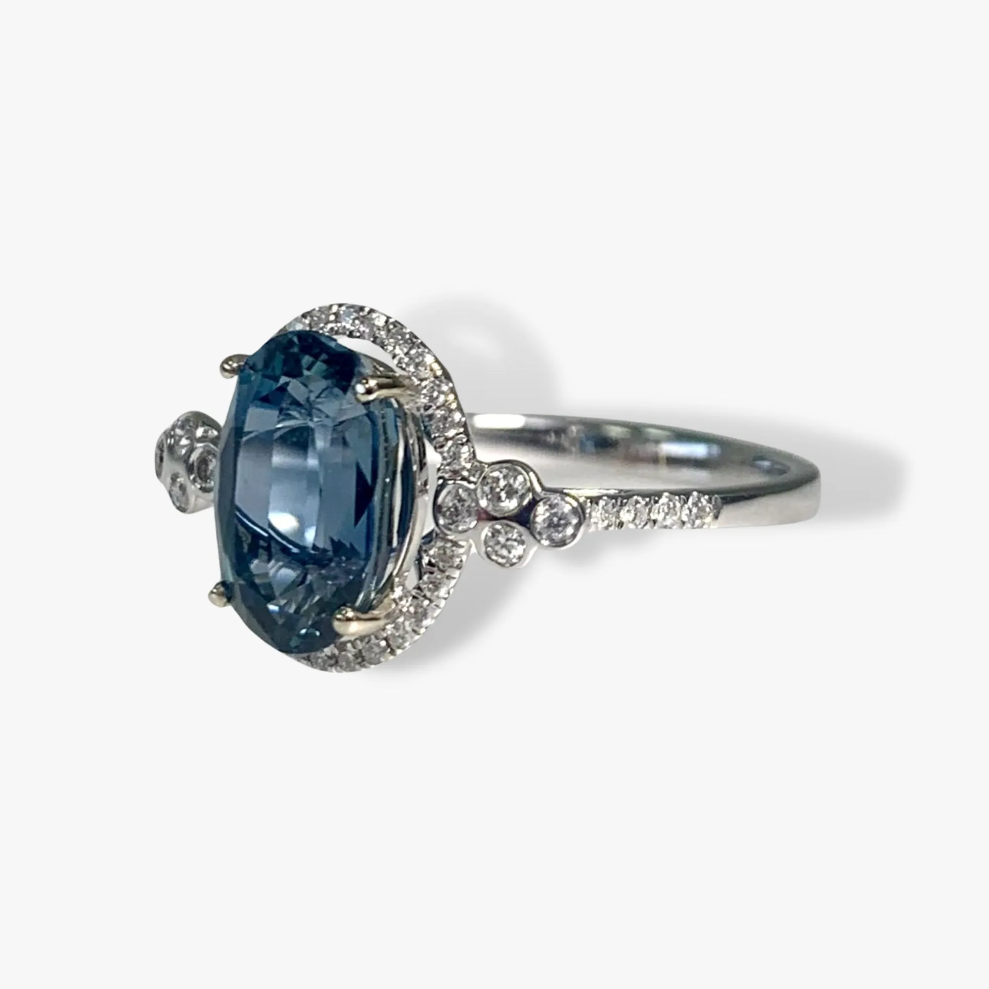 14k White Gold Oval Cut Blue Sapphire and Diamond Ring