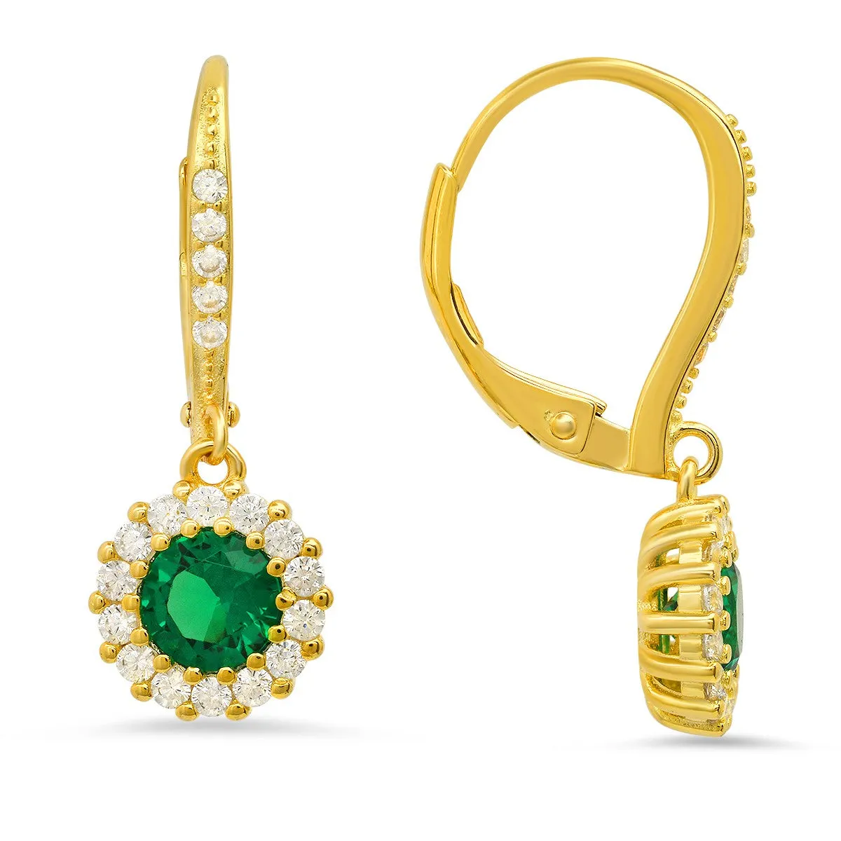 14k Yellow Gold Over Silver Emerald CZ Halo Leverback Earrings