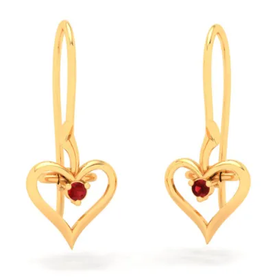 14KT Heart Shape And Red Stone Gold Drop Earring From Amazea Collection