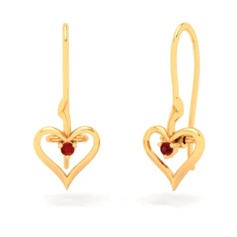 14KT Heart Shape And Red Stone Gold Drop Earring From Amazea Collection