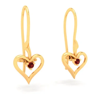 14KT Heart Shape And Red Stone Gold Drop Earring From Amazea Collection