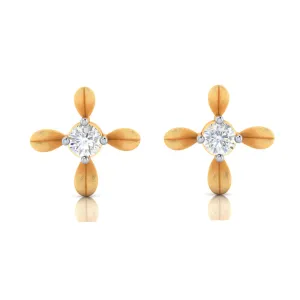 18k 4 Petal Floral Designed Gold Earrings With Diamond