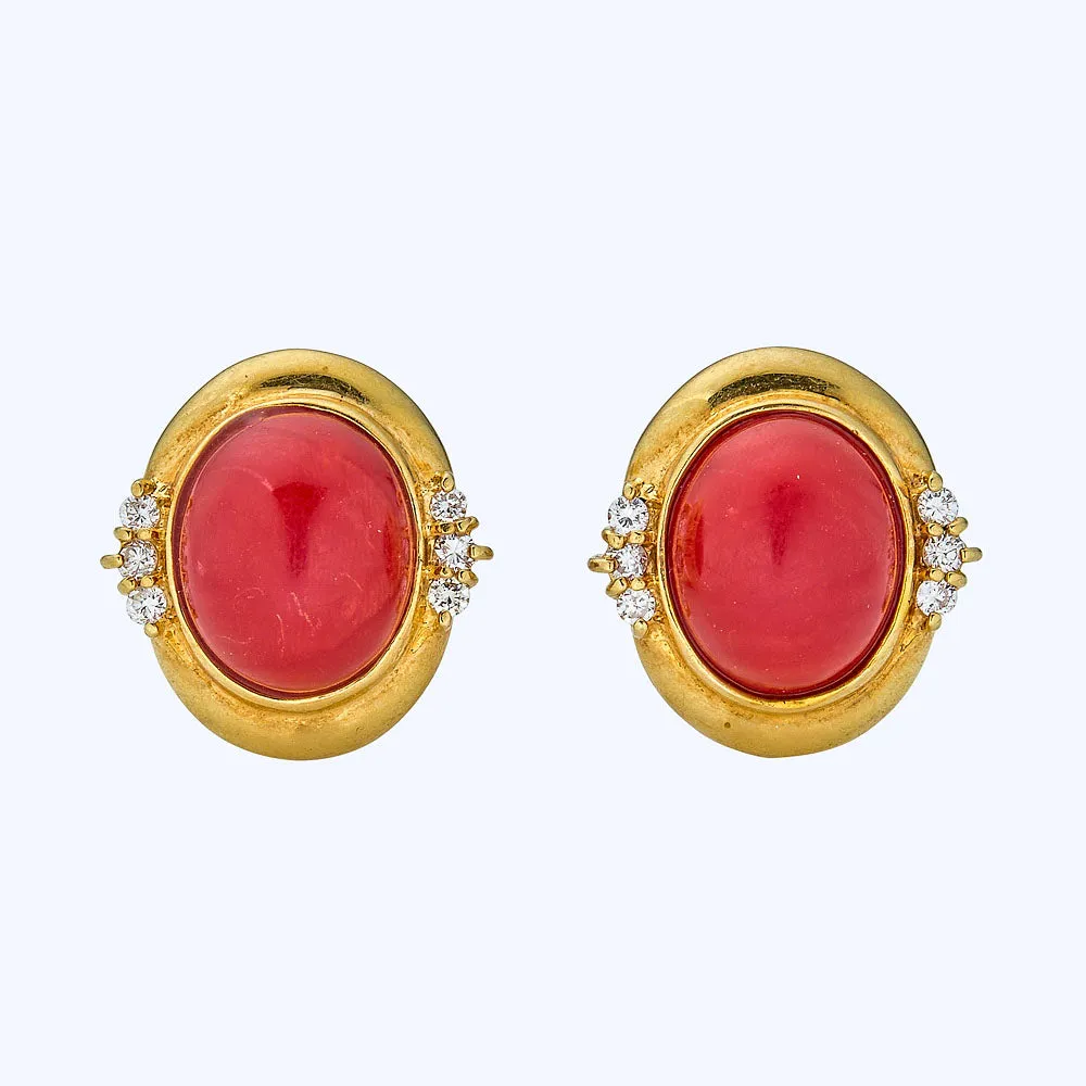 18K Yellow Gold, Coral and Diamond Earrings