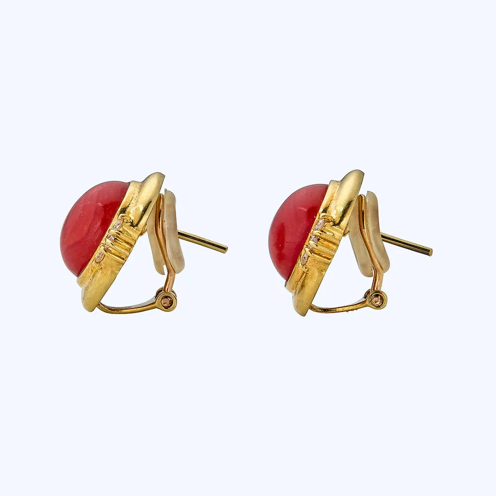 18K Yellow Gold, Coral and Diamond Earrings