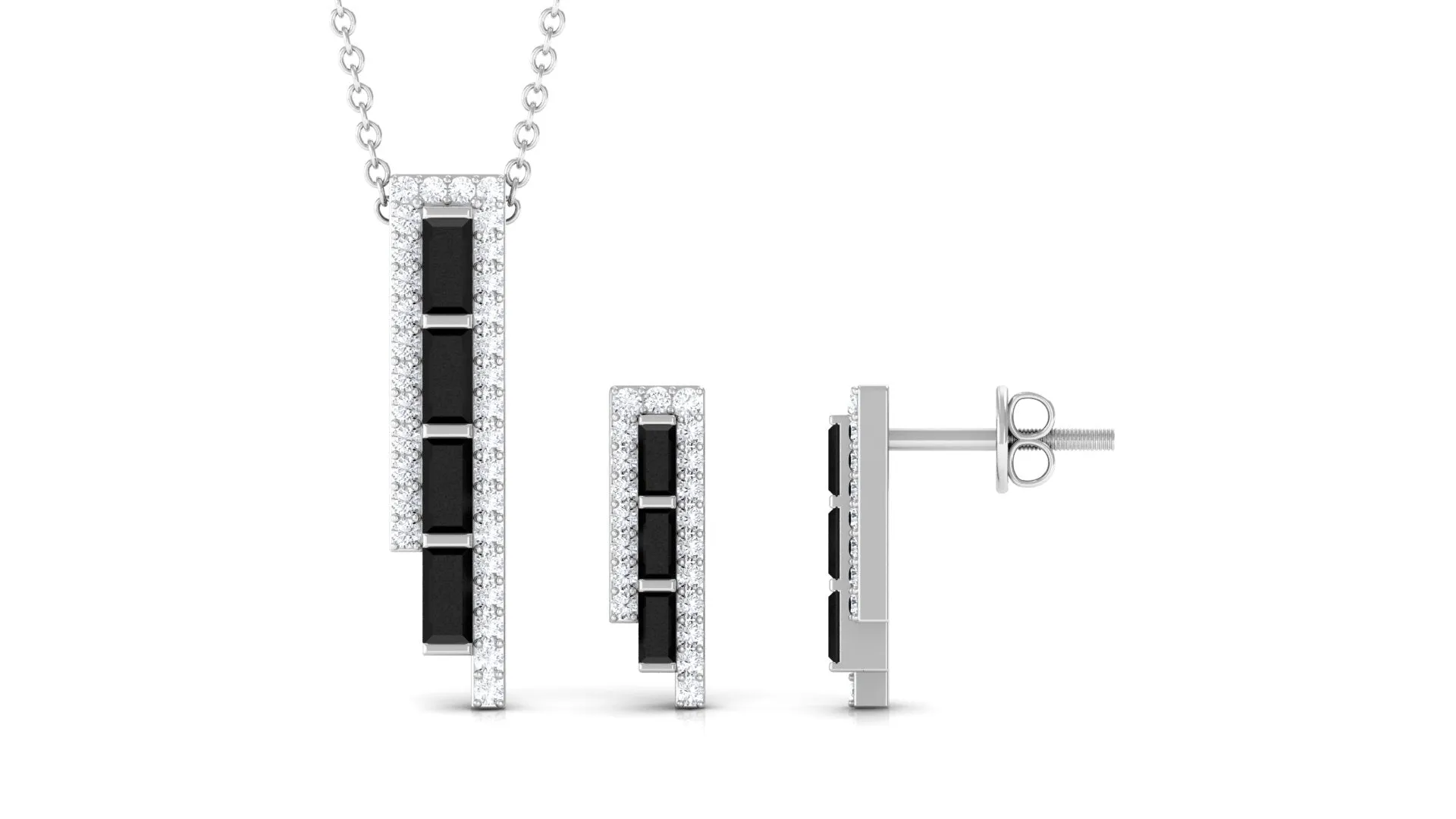 2 CT Baguette Cut Black Onyx Designer Bar Jewelry Set with Diamond