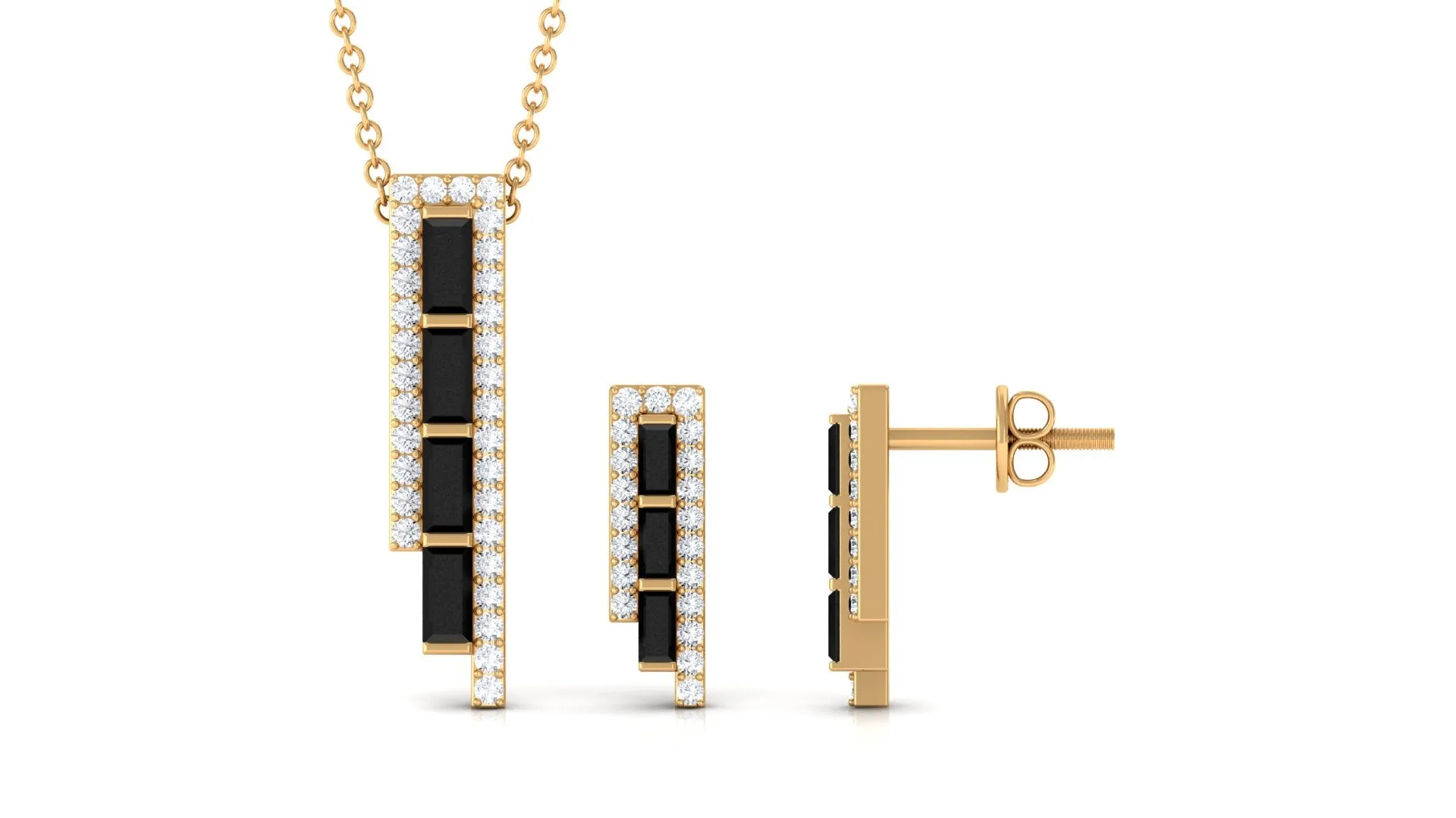 2 CT Baguette Cut Black Onyx Designer Bar Jewelry Set with Diamond