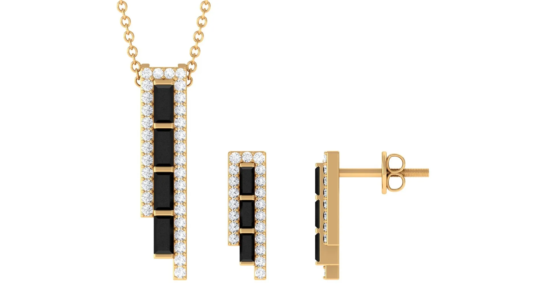 2 CT Baguette Cut Black Onyx Designer Bar Jewelry Set with Diamond