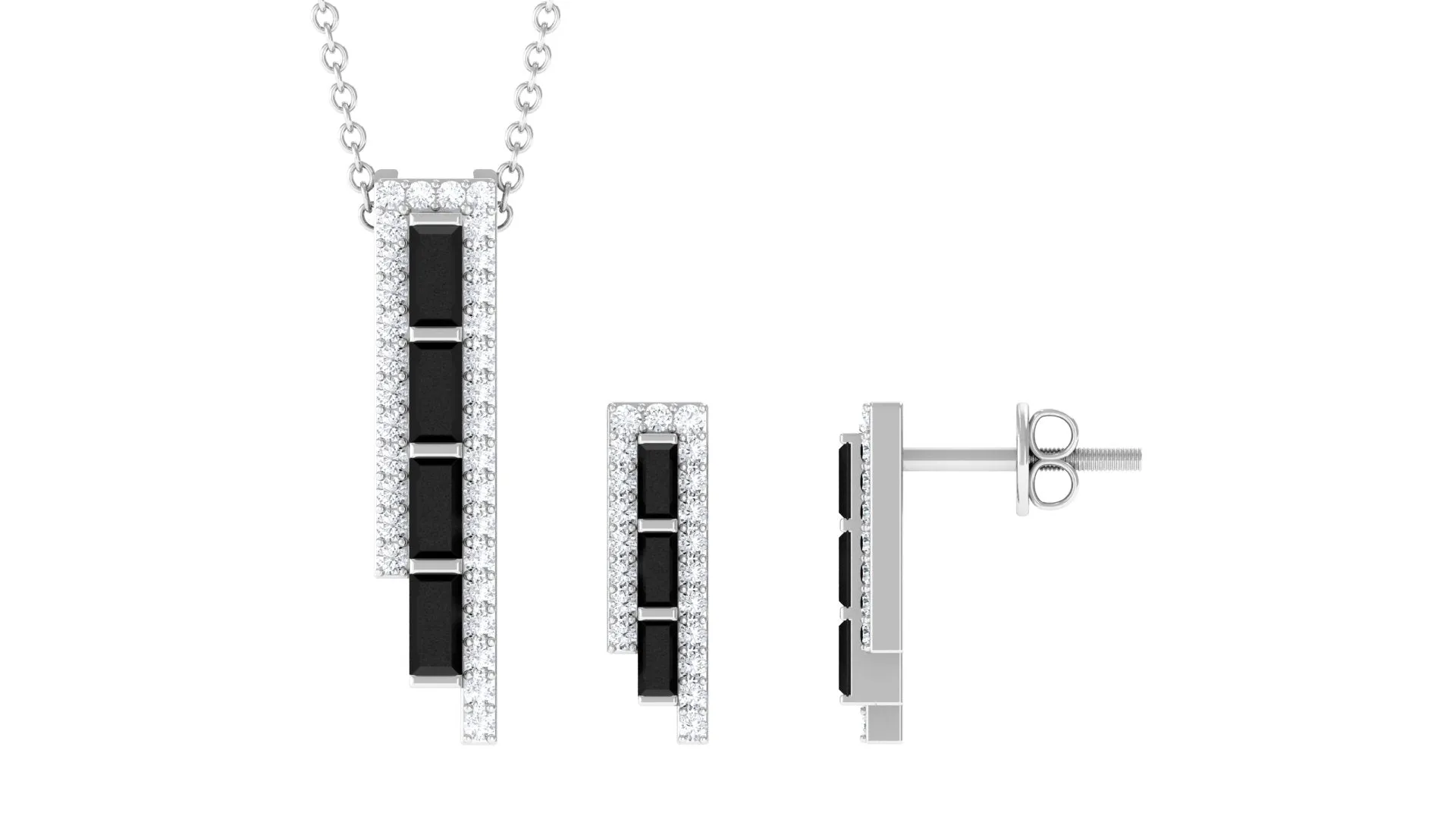 2 CT Baguette Cut Black Onyx Designer Bar Jewelry Set with Diamond