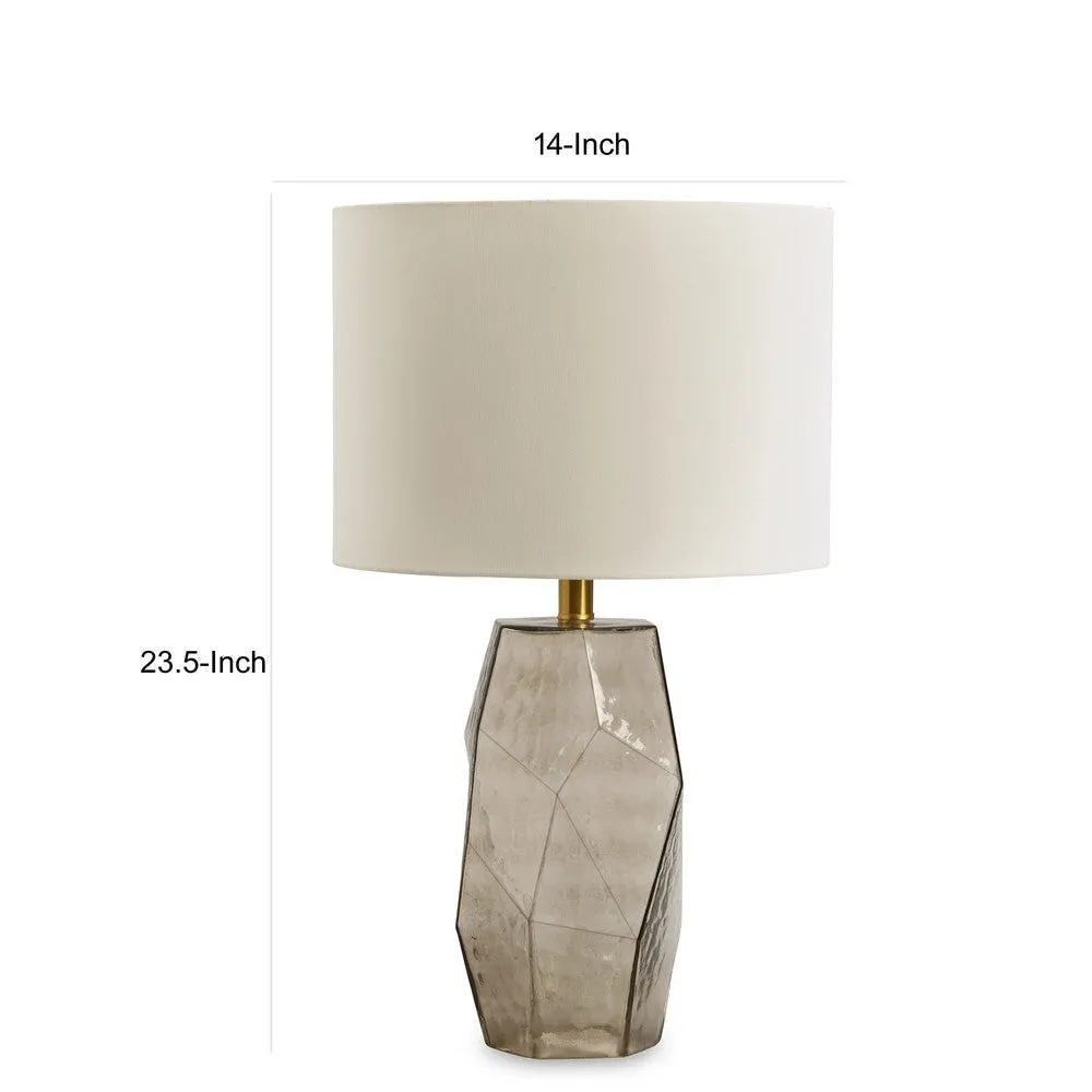 24 Inch Table Lamp, Hexagonal Textured Glass Base, Drum Shade, Gray By Casagear Home