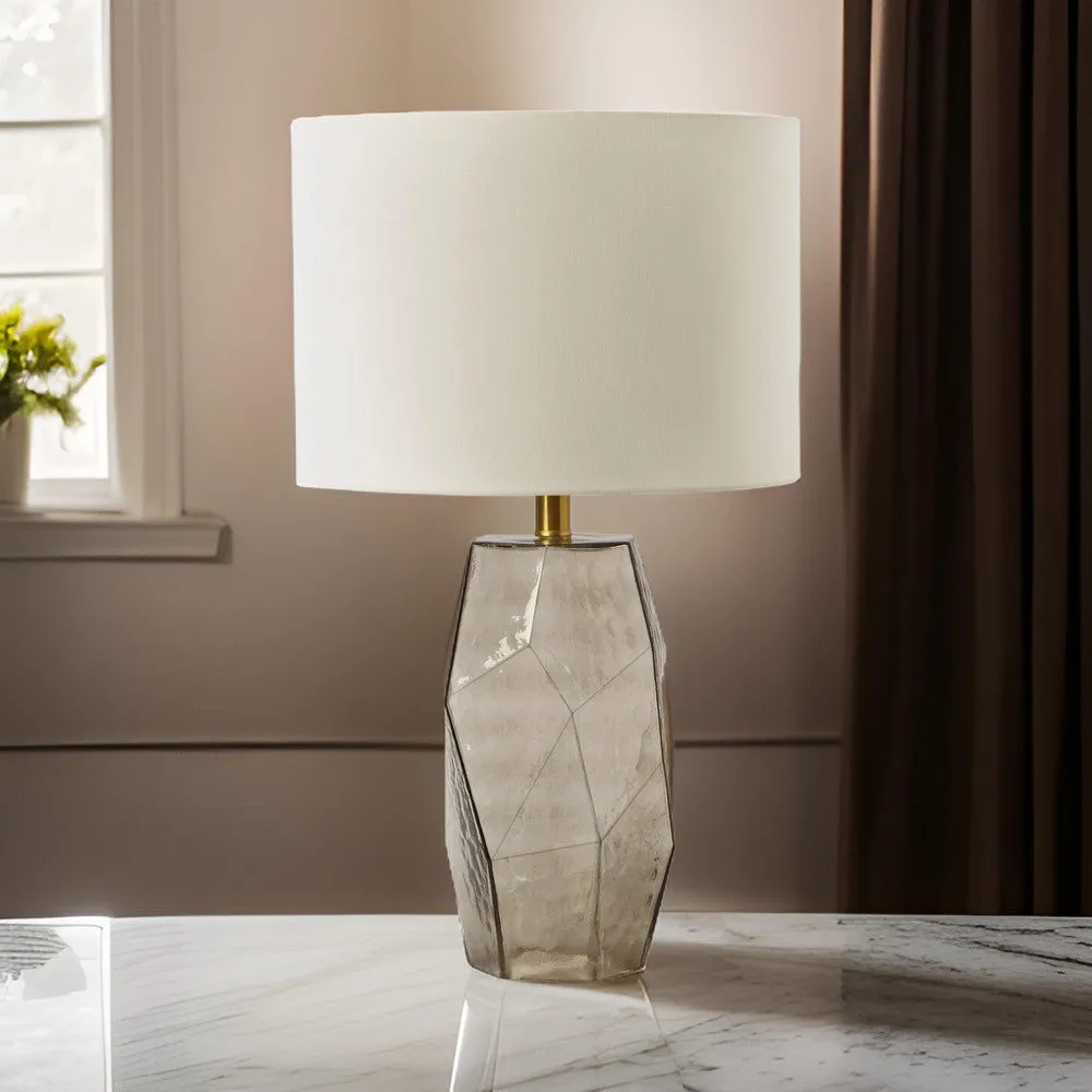 24 Inch Table Lamp, Hexagonal Textured Glass Base, Drum Shade, Gray By Casagear Home