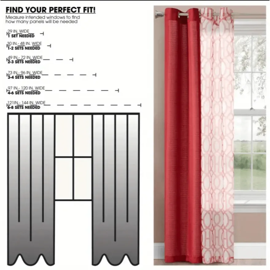 4 Piece Grommet Curtain Set, Red, 27.5" W x 84" L 4pc Window Set 2 Printed Sheers 2 Solid Textured Panels Grommets