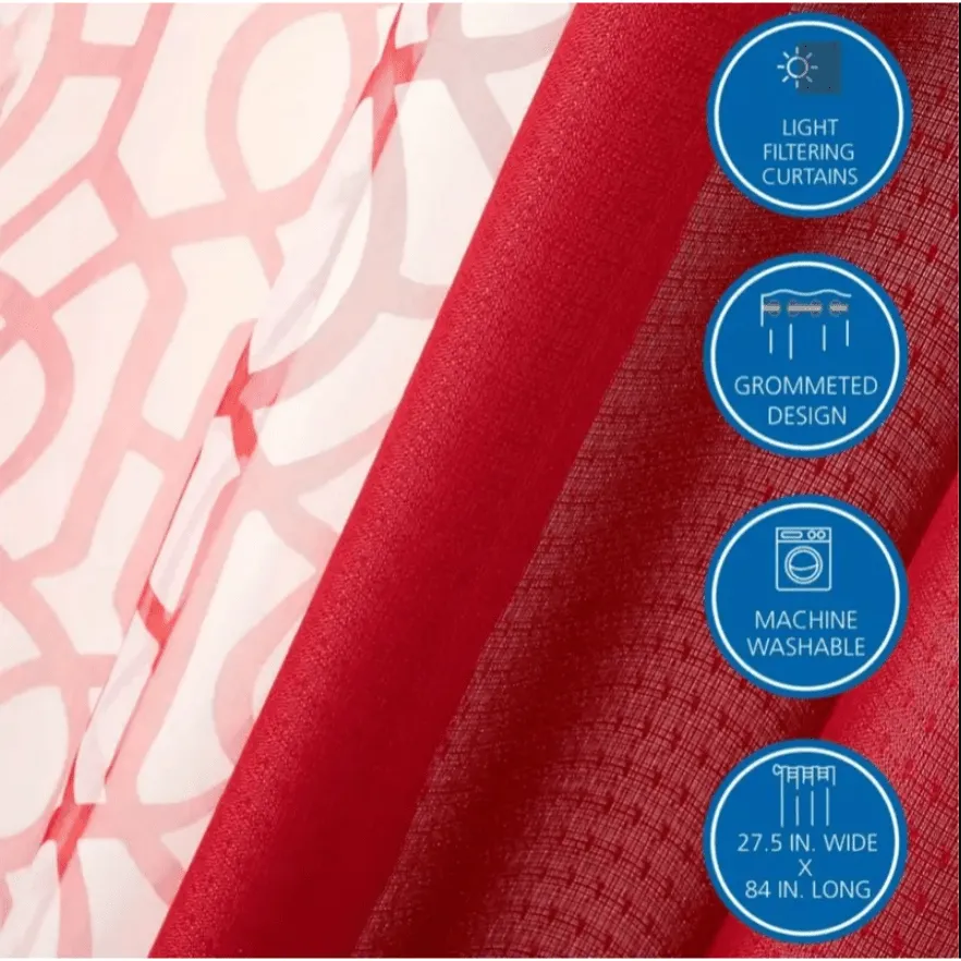 4 Piece Grommet Curtain Set, Red, 27.5" W x 84" L 4pc Window Set 2 Printed Sheers 2 Solid Textured Panels Grommets