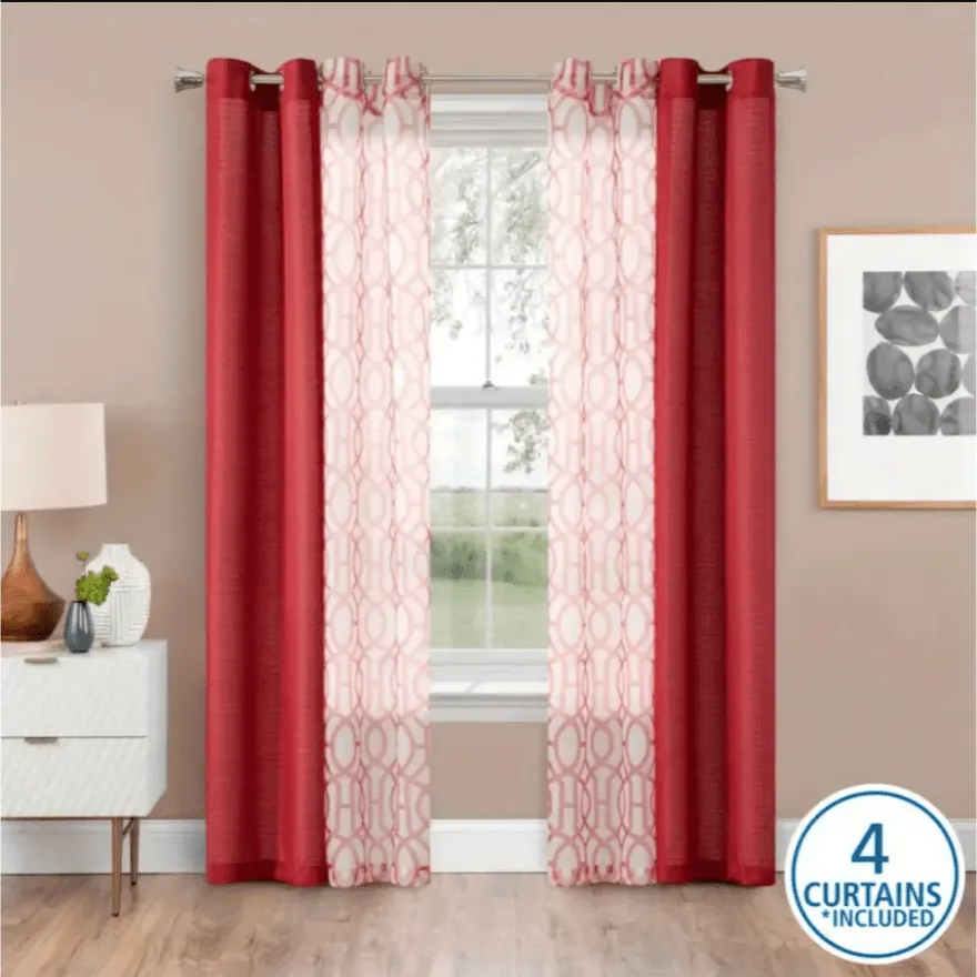 4 Piece Grommet Curtain Set, Red, 27.5" W x 84" L 4pc Window Set 2 Printed Sheers 2 Solid Textured Panels Grommets