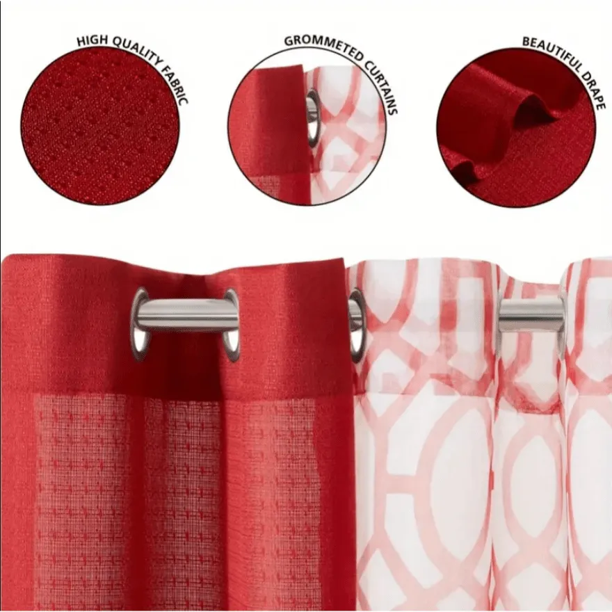 4 Piece Grommet Curtain Set, Red, 27.5" W x 84" L 4pc Window Set 2 Printed Sheers 2 Solid Textured Panels Grommets