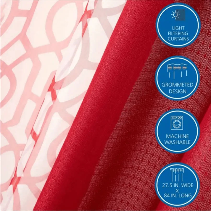 4 Piece Grommet Curtain Set, Red, 27.5" W x 84" L 4pc Window Set 2 Printed Sheers 2 Solid Textured Panels Grommets