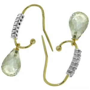 4.68 Carat 14K Solid Yellow Gold Fish Hook Earrings Diamond Green Amethyst