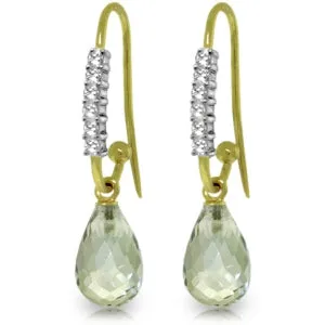 4.68 Carat 14K Solid Yellow Gold Fish Hook Earrings Diamond Green Amethyst