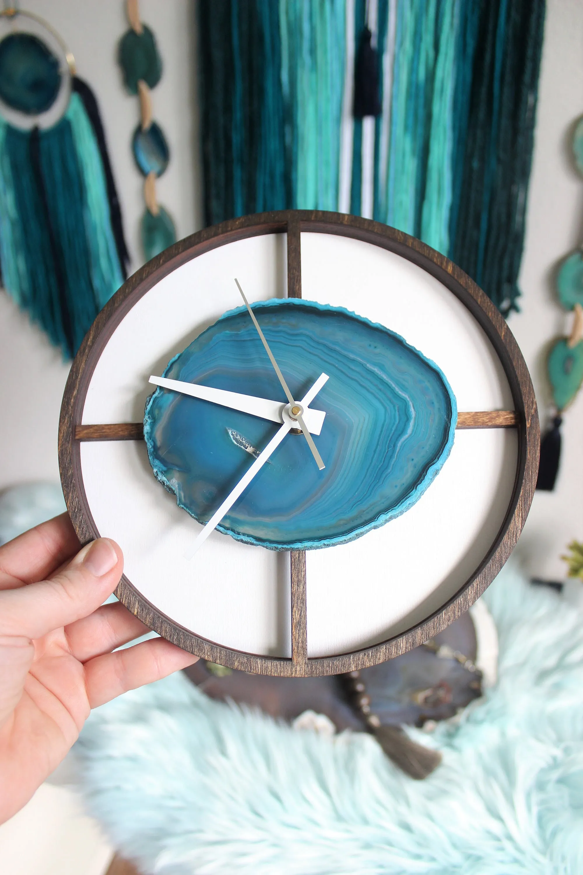 8" Teal Agate Framed Wood Wall Clock