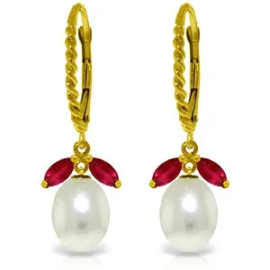 9 Carat 14K Solid Yellow Gold Leverback Earrings Ruby Pearl