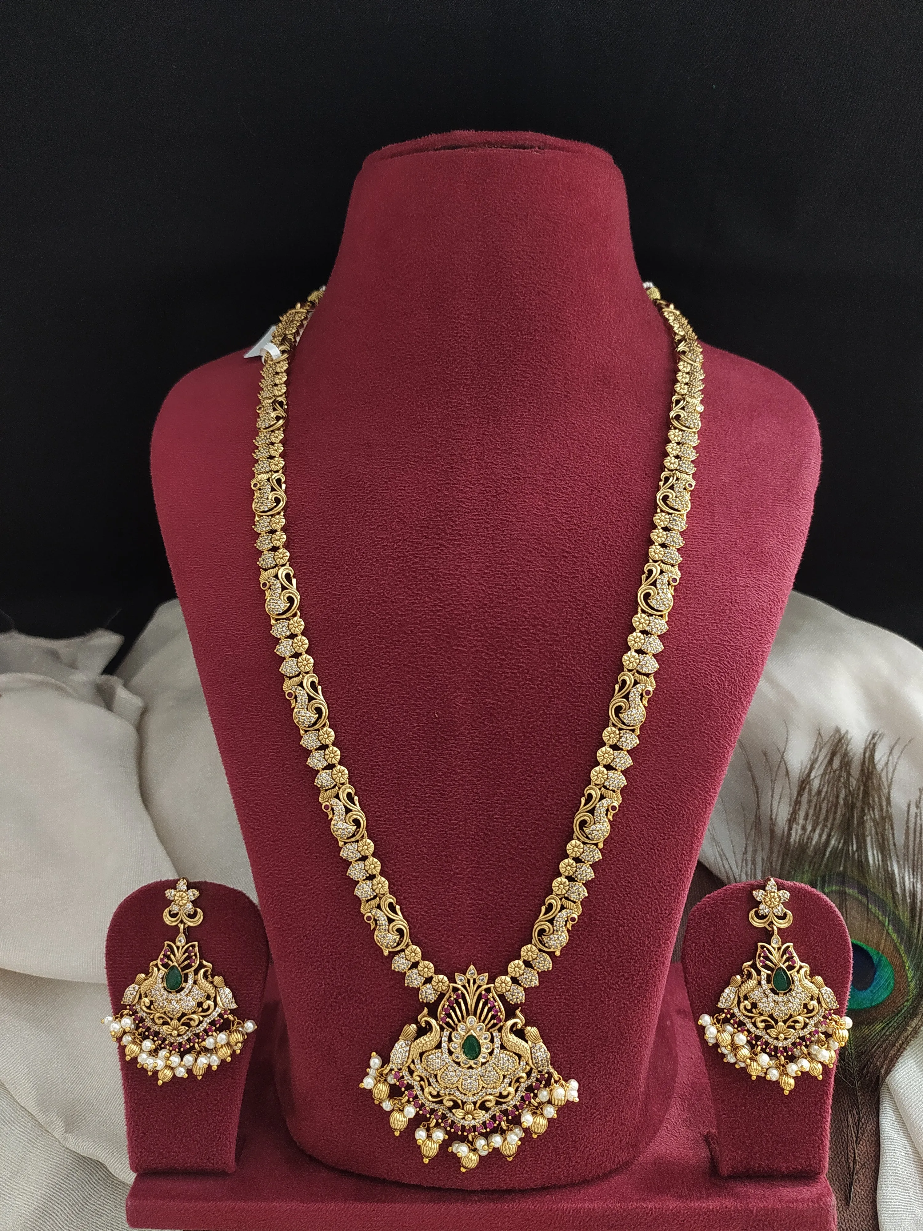 Antique Long Haram Set with Zircon Stones & Pearl Drops