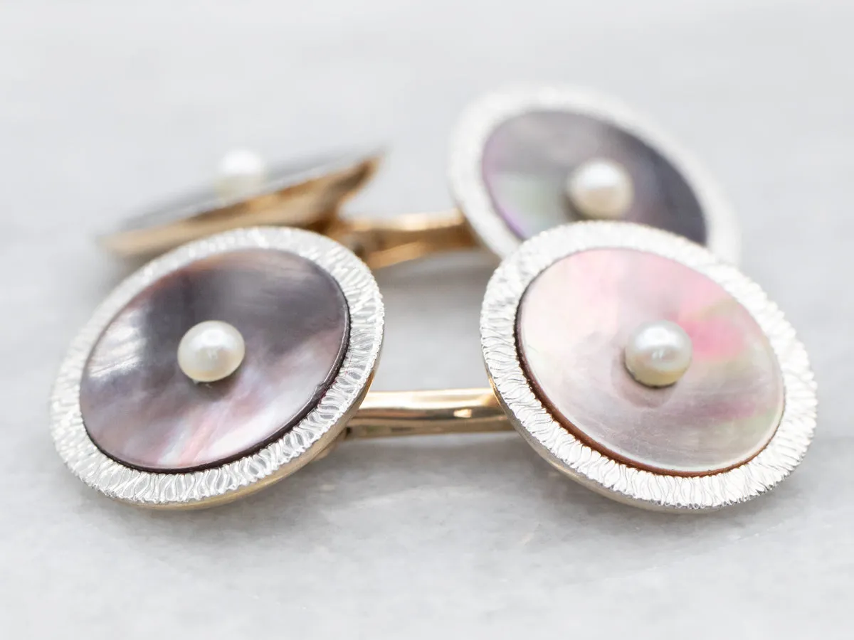 Antique Platinum and Gold Abalone Shell and Seed Pearl Cufflinks