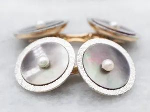 Antique Platinum and Gold Abalone Shell and Seed Pearl Cufflinks