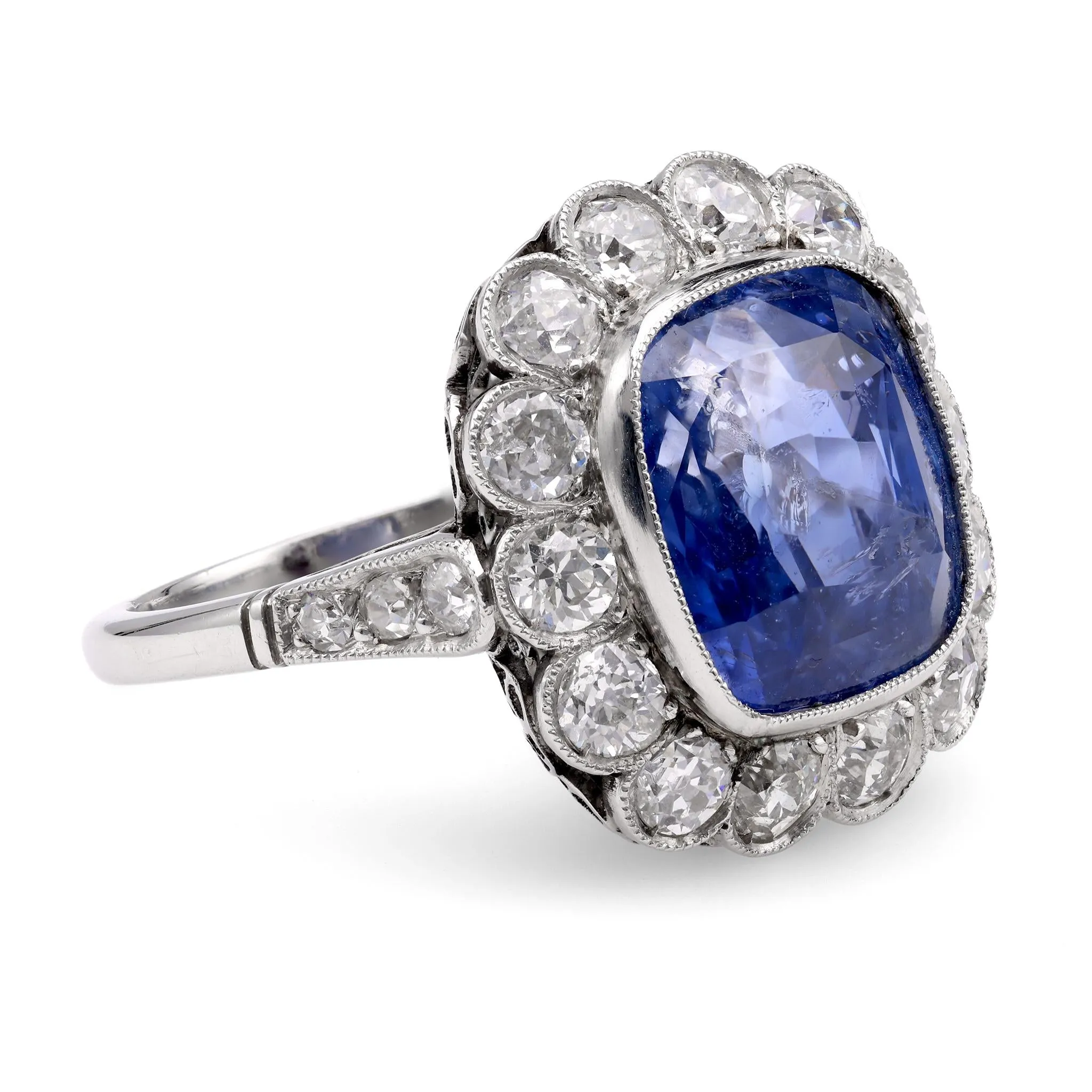 Art Deco Inspired 10.10 Carat Cushion Ceylon Sapphire Diamond Platinum Ring