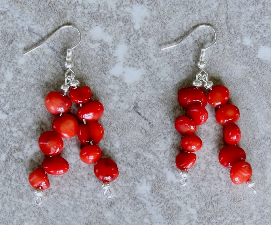 Bamboo Coral Pebble 2-Dangle Earrings with Sterling Silver Beads and Earring Wires