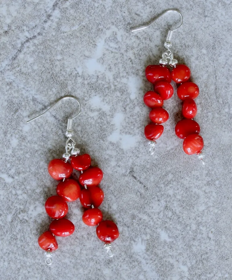 Bamboo Coral Pebble 2-Dangle Earrings with Sterling Silver Beads and Earring Wires