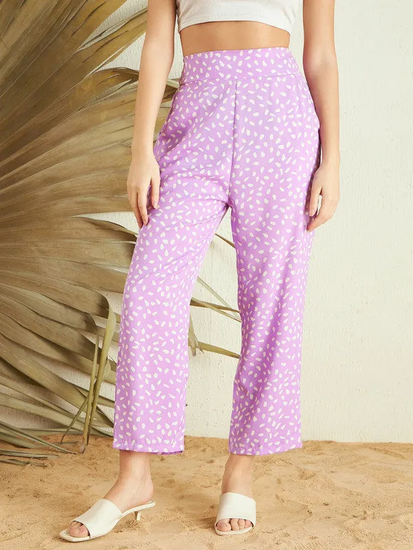 Berrylush Women Purple & White Abstract Polka Dot Printed High-Rise Waist Two-Pocket Slip-On Straight Leg Regular Trousers