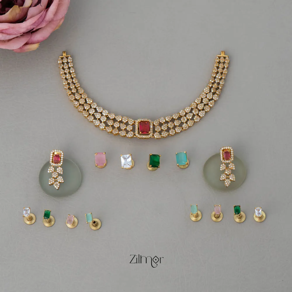 BH101072 - Premium Antique Necklace with 5 Interchangable stones Earring Set