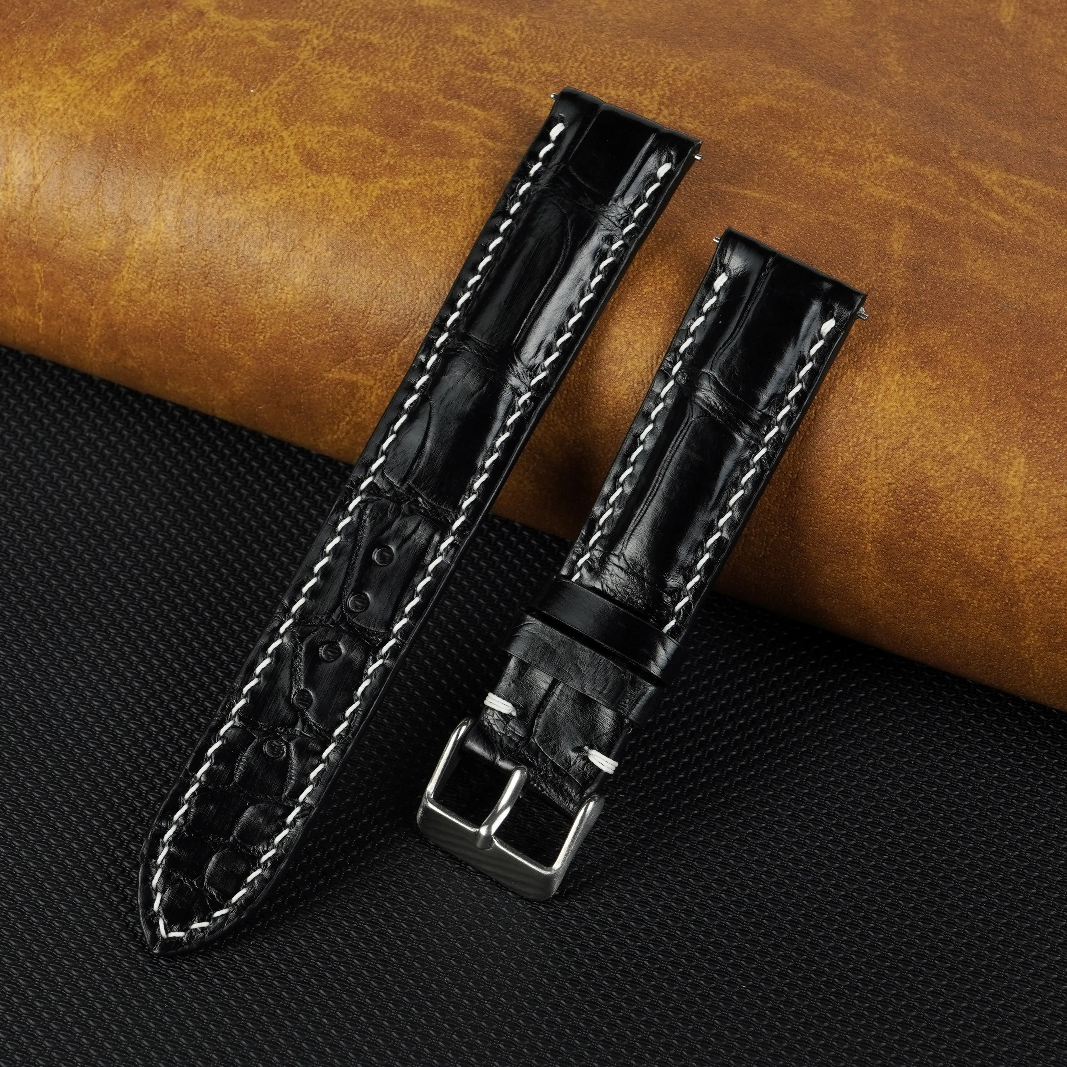 Black Genuine Alligator Leather Wrist Watch Band Strap Men Handmade