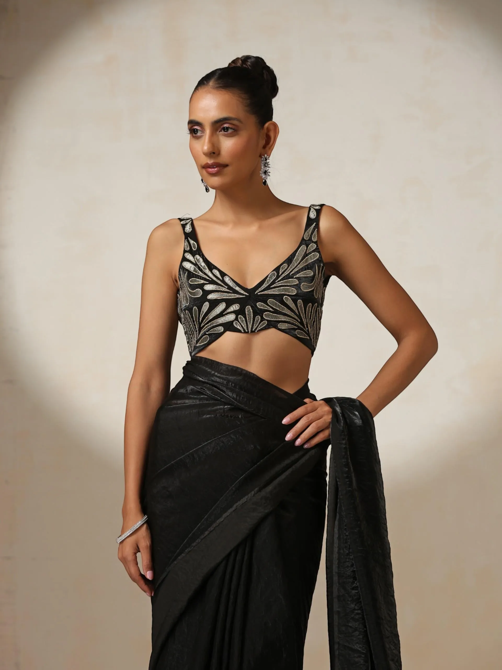 Black Metallic Crushed Satin with Bronze Embroidery with Blouse Fabric