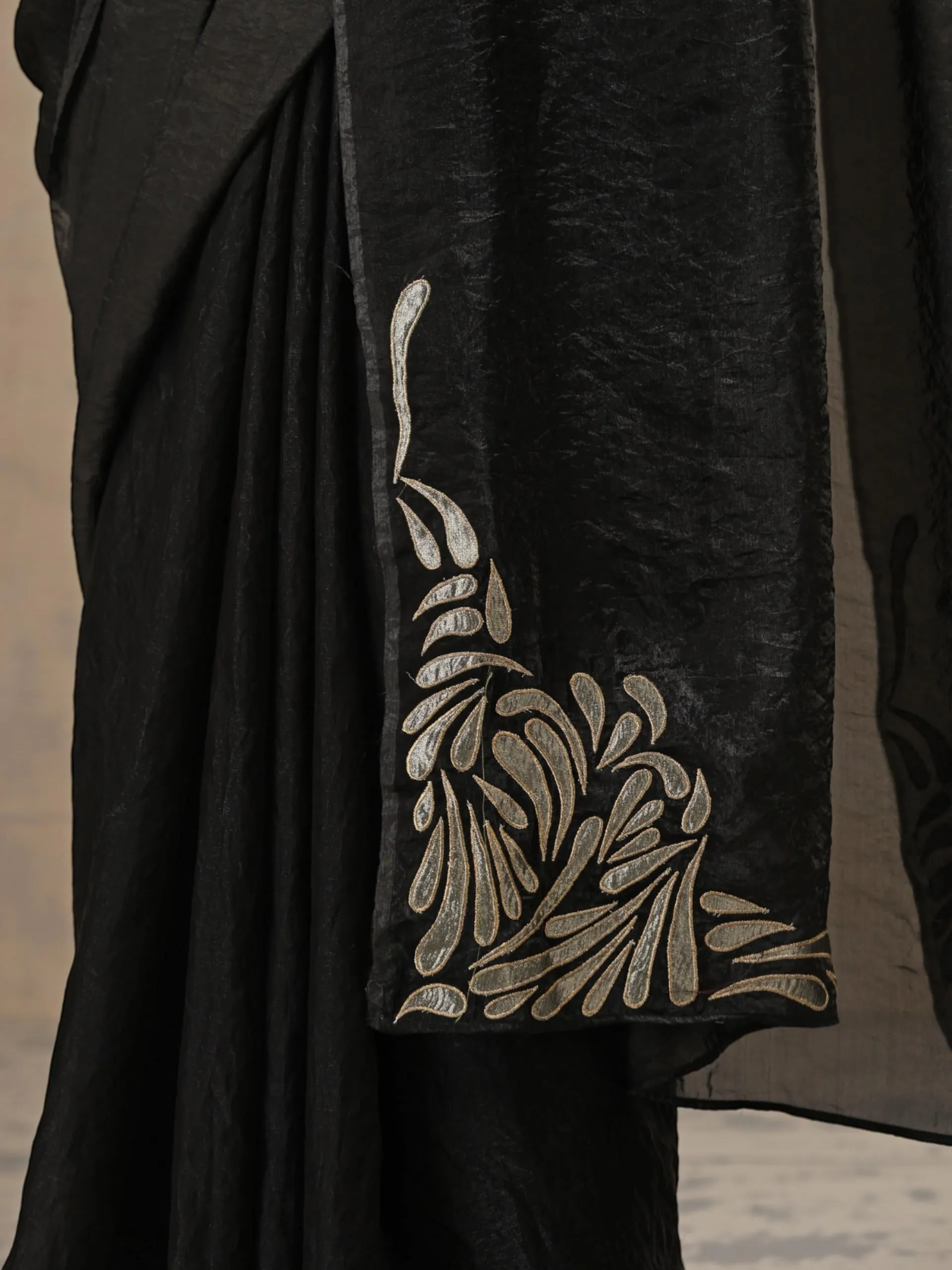 Black Metallic Crushed Satin with Bronze Embroidery with Blouse Fabric