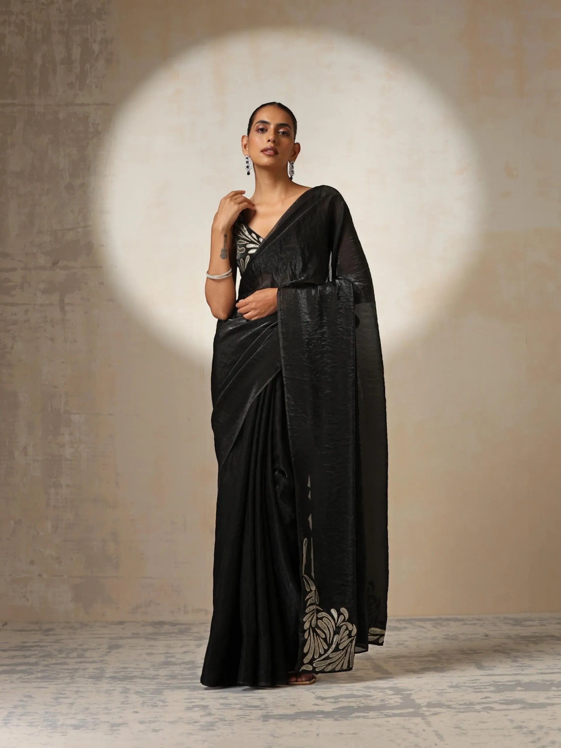 Black Metallic Crushed Satin with Bronze Embroidery with Blouse Fabric