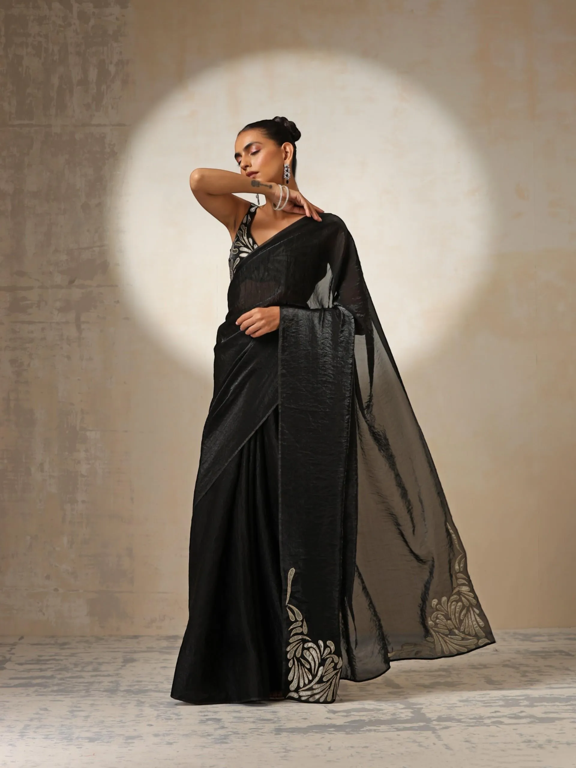 Black Metallic Crushed Satin with Bronze Embroidery with Blouse Fabric