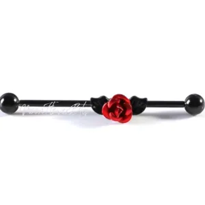 Black Red Rose Bud Industrial Barbell Earring