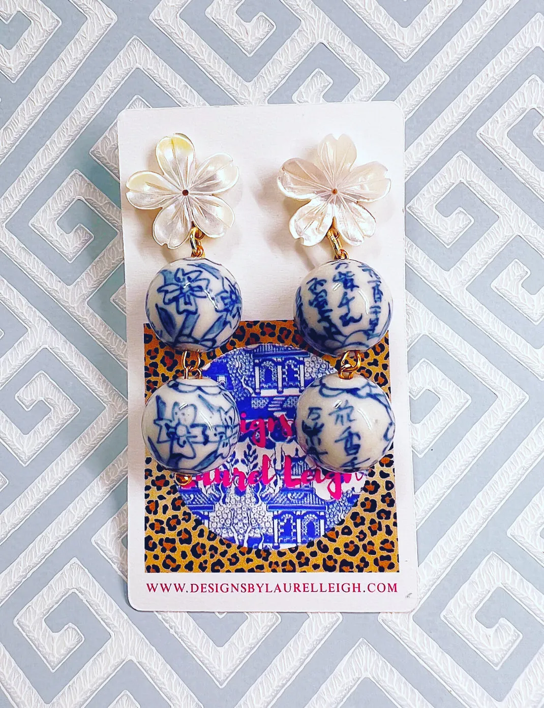 Blue & White Chinoiserie Orchid Double Drop Earrings