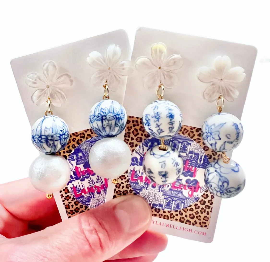 Blue & White Chinoiserie Orchid Double Drop Earrings