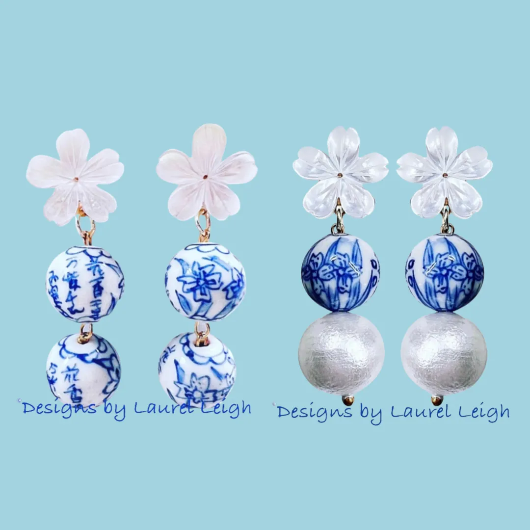 Blue & White Chinoiserie Orchid Double Drop Earrings