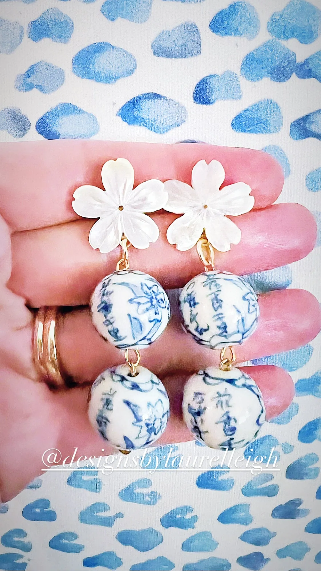 Blue & White Chinoiserie Orchid Double Drop Earrings