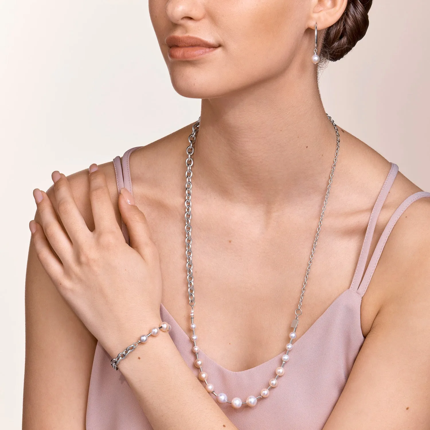 Bracelet freshwater pearls & chunky chain 4-in-1 white-silver