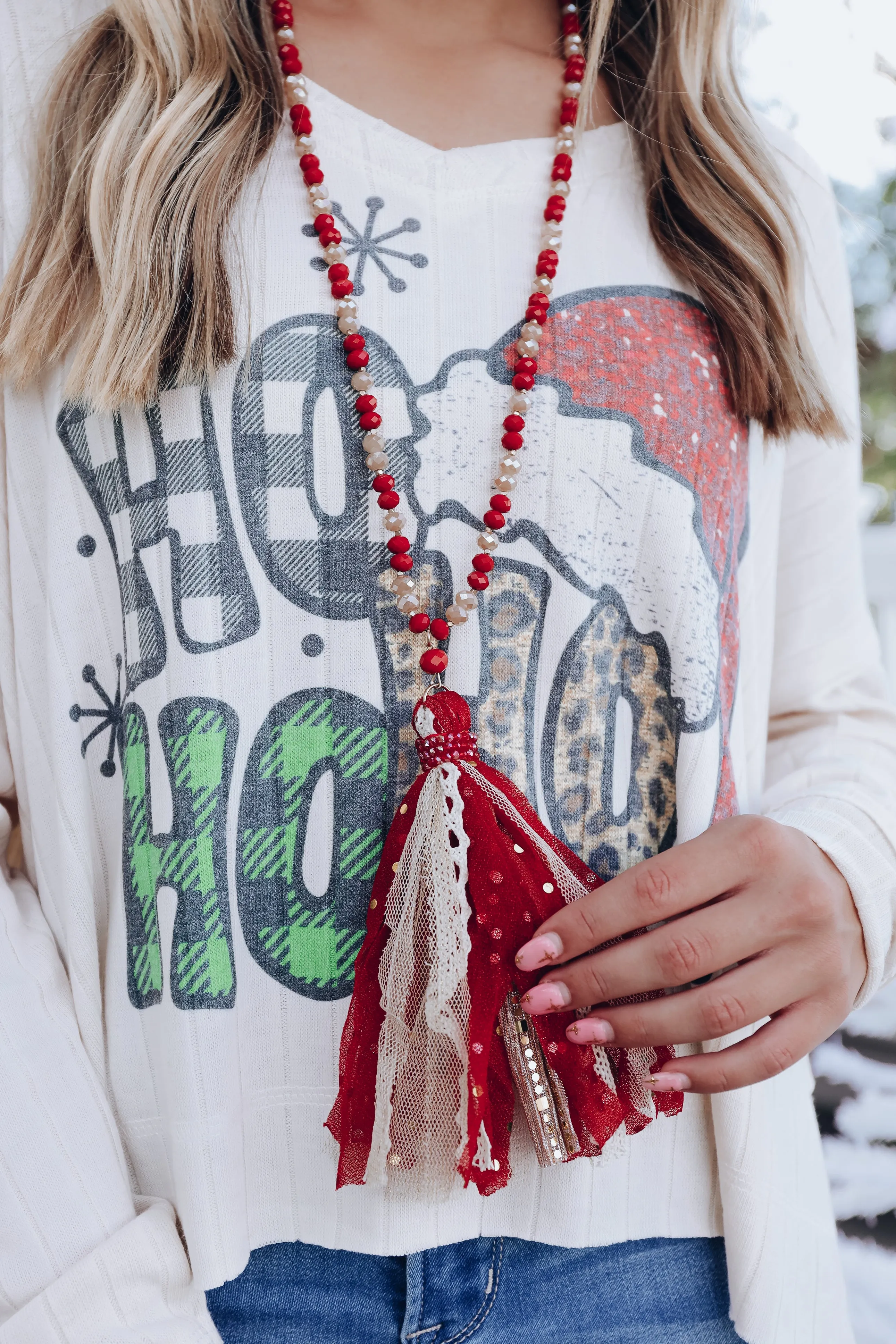 Carol Tassel Statement Necklace and Earring Set - Red